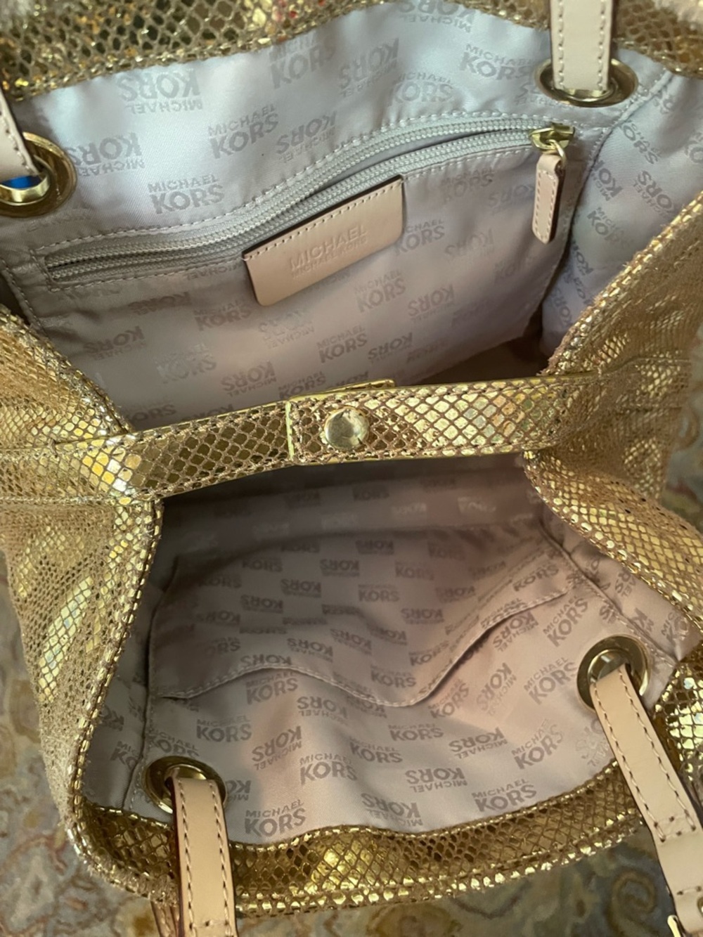 RARE Michael Kors Gold Sparkle ✨ Snake Leather Hobo Satchel Tote Shoulder Bag - Picture 9 of 14